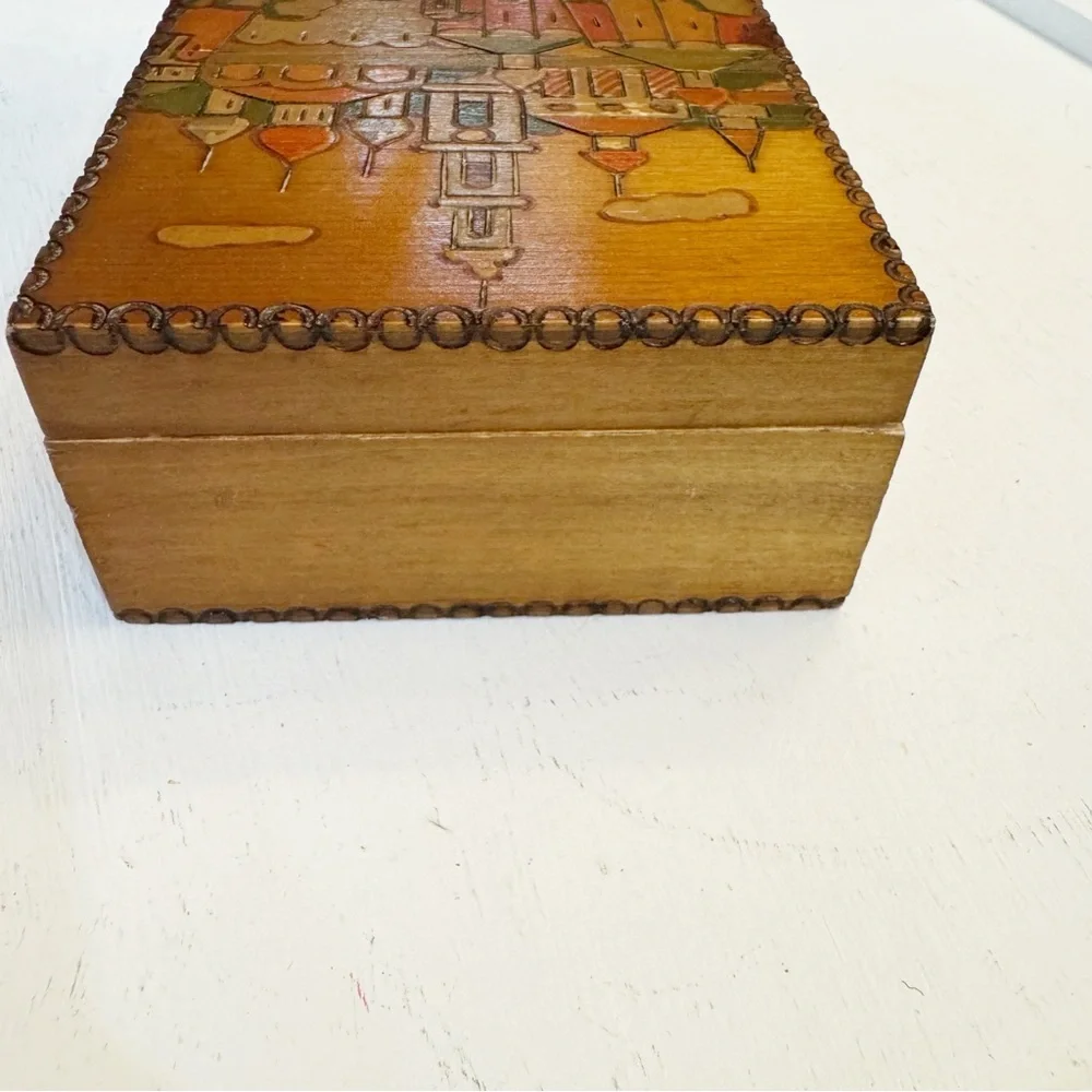 Russian Wood Box Town Scene done in Pyrography Vintage